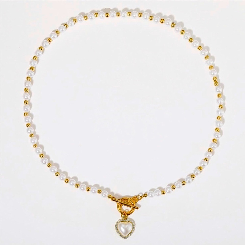 Pearl Goldtone Beads Heart Rhinestone Toggle Necklace